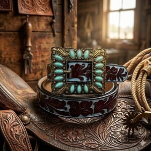 Western Cowgirl Belt With Turquoise Stone Buckle Size Medium
